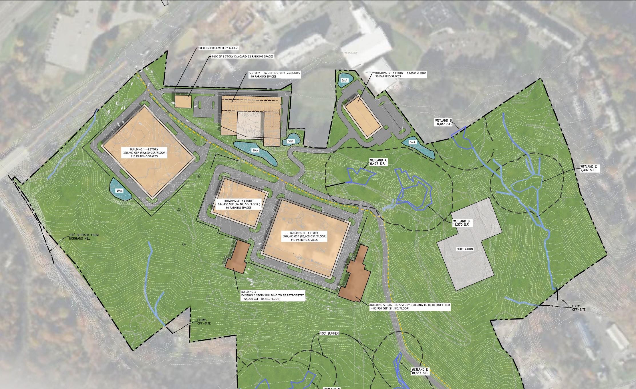 Kenwood Commons site plan: six buildings and 264 homes set within retained open space, wetlands and stream corridors across the 74-acre parcel