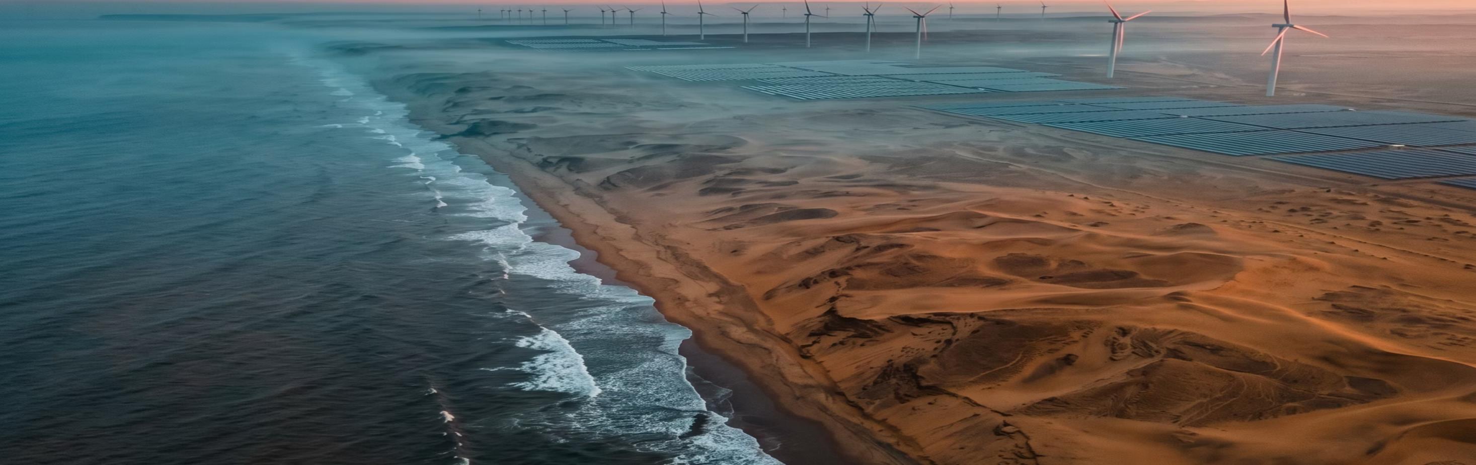 The Atlantic coast of Morocco with wind turbines at dusk